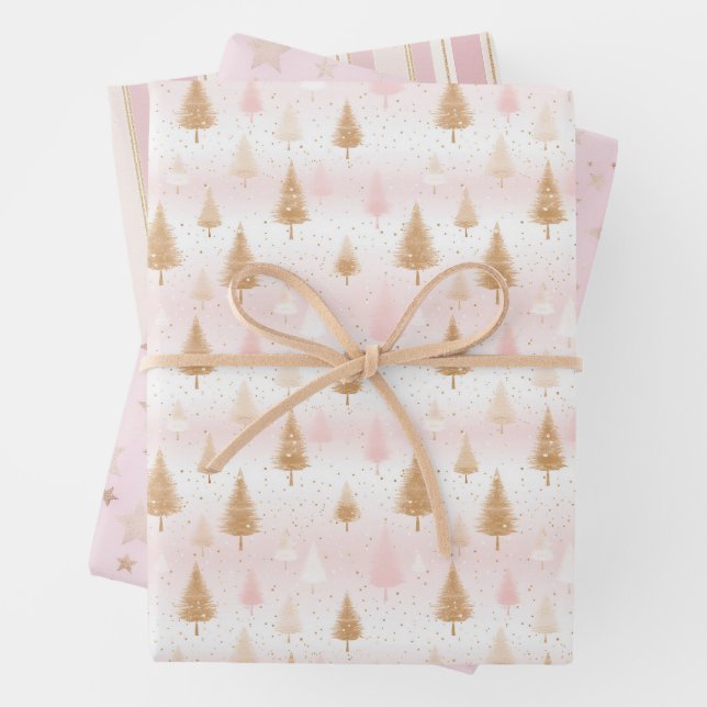Cute Pink Rose Gold Trees Festive Pattern Wrapping Paper Sheets (In situ)