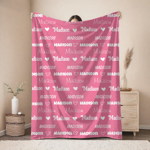 Cute pink rose repeating name personalized girly fleece blanket