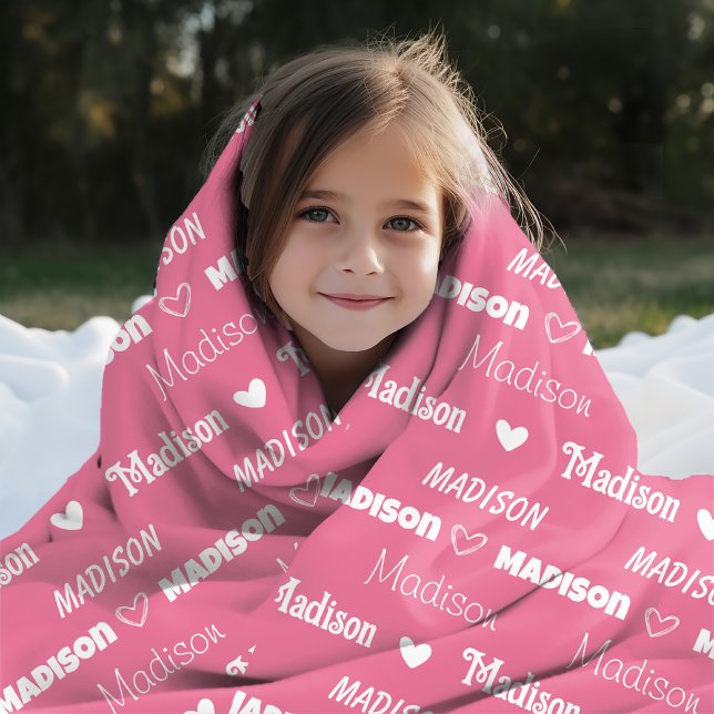 Cute pink rose repeating name personalized girly fleece blanket (Creator Uploaded)