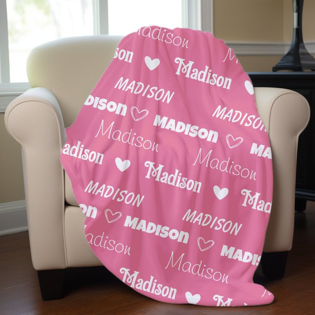 Cute pink rose repeating name personalized girly fleece blanket (Creator Uploaded)