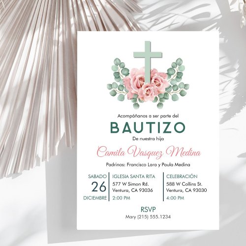 Cute Pink Roses and Leaves Bautizo Baptism Spanish Invitation