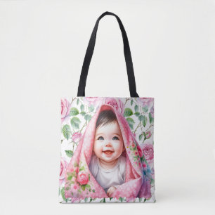Cute Pink Roses and Smiling Baby Girl Baby Tote Bag