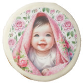 Cute Pink Roses and Smiling Baby Girl Sugar Cookie (Front)