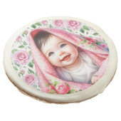 Cute Pink Roses and Smiling Baby Girl Sugar Cookie (Angled)