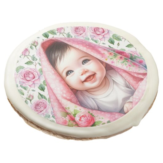 Cute Pink Roses and Smiling Baby Girl Sugar Cookie (Angled)