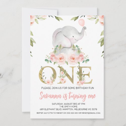 Cute Pink Roses Floral Elephant 1st Birthday Invitation