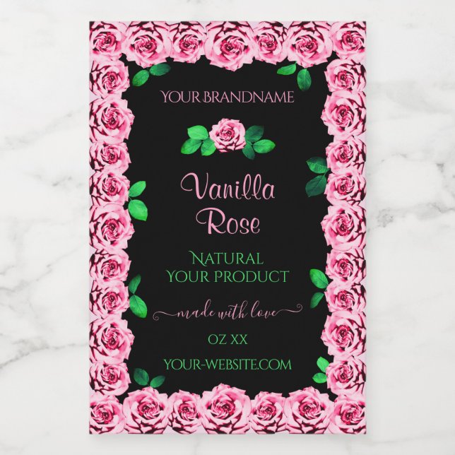 Cute Pink Roses Frame Elegant Black Product Labels (Single Label)