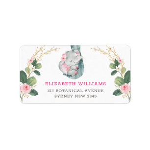 Cute Pink Roses Greenery Sleeping Baby Elephant Label