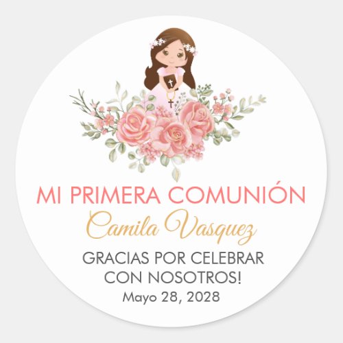 Cute Pink Roses in Spanish First Communion  Classic Round Sticker