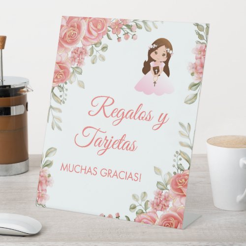 Cute Pink Roses in Spanish First Communion  Pedestal Sign