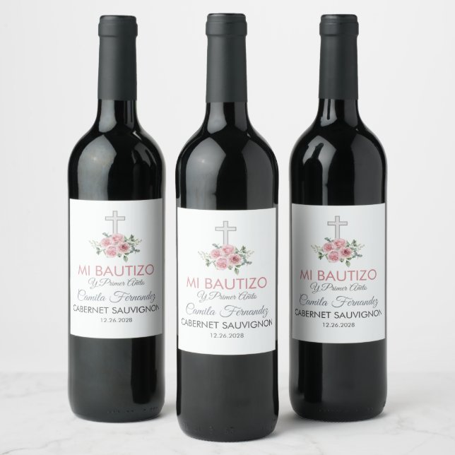 Cute Pink Roses Spanish Baptism and first birthday Wine Label (Bottles)