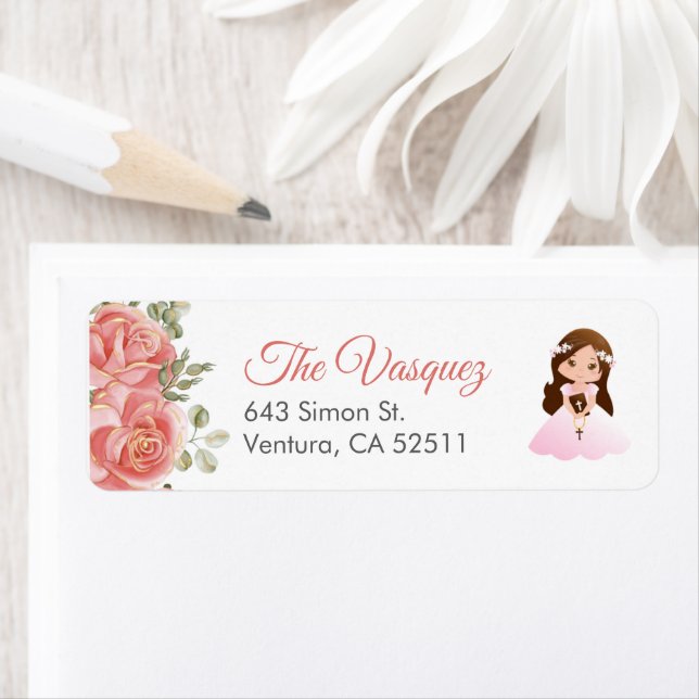 Cute Pink Roses Spanish First holy Communion  Label (Insitu)