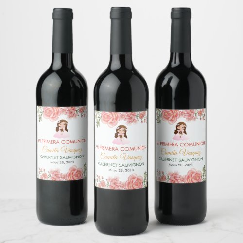 Cute Pink Roses Spanish First holy Communion  Wine Label