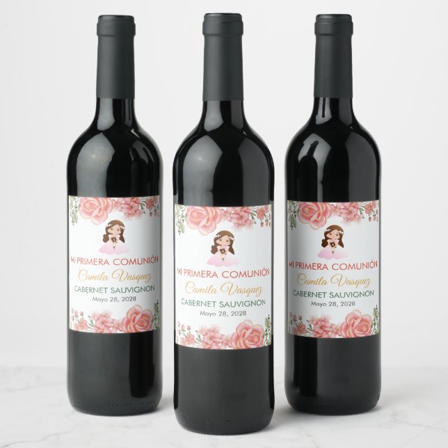 Cute Pink Roses Spanish First holy Communion  Wine Label (Bottles)