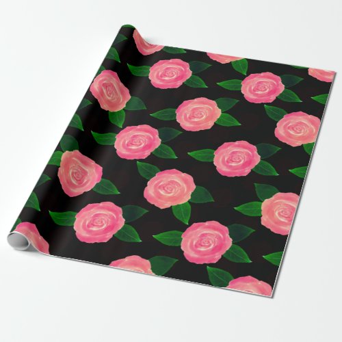 Cute Pink Roses Watercolor Black Pattern Wrapping Paper