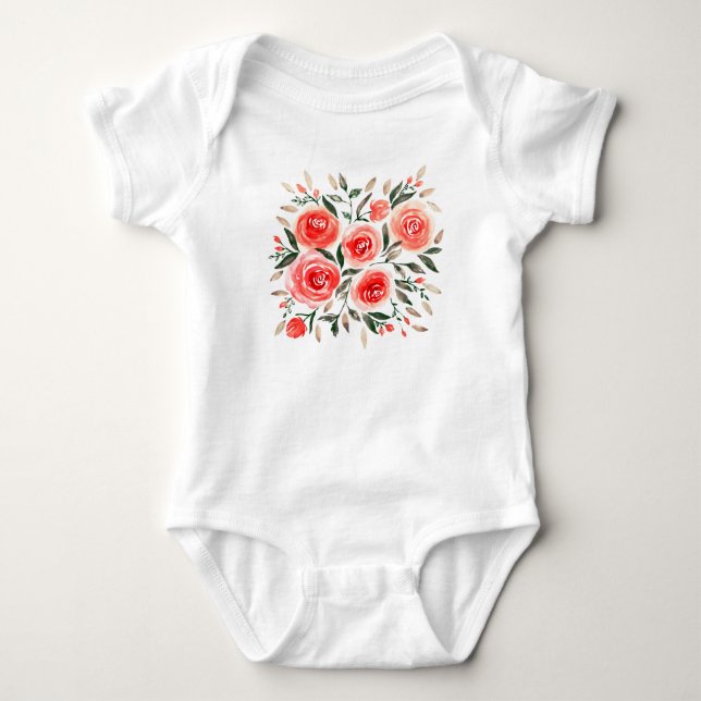 Cute Pink Roses Watercolor Illustration Baby Bodysuit (Front)