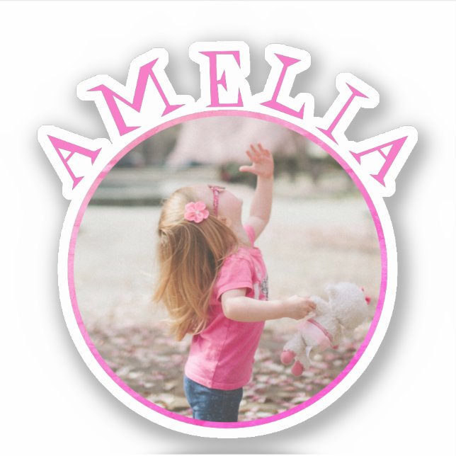 Cute Pink Round Frame Name and Photo Kids Sticker (Front)