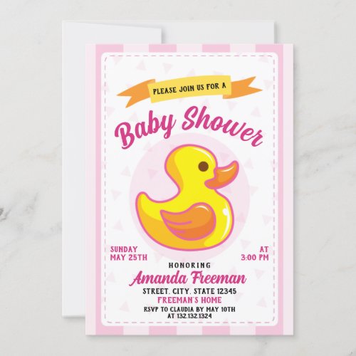 Cute Pink Rubber Duck Toy Girl Baby Shower Invitation