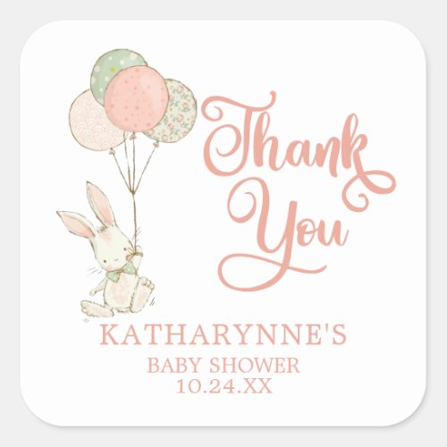 Cute Pink Rustic Bunny Baby Shower Thank You Square Sticker