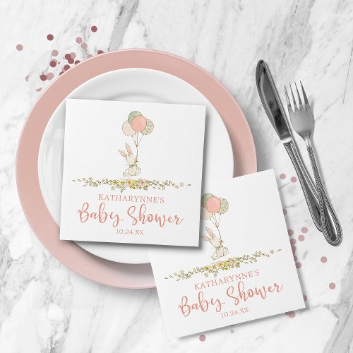 Cute Pink Rustic Floral Bunny Baby Shower Napkins