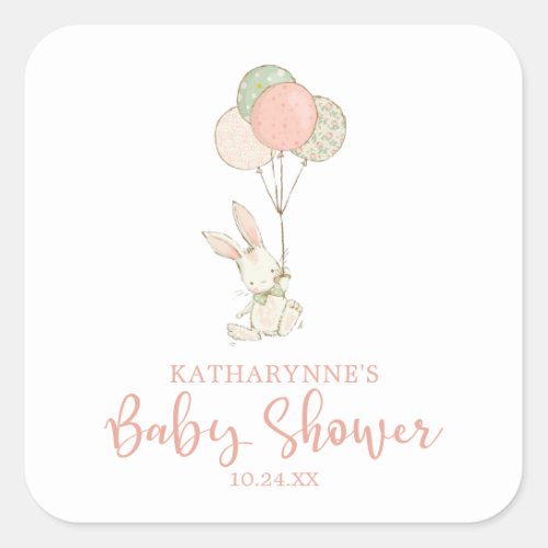 Cute Pink Rustic Floral Bunny Baby Shower Square Sticker