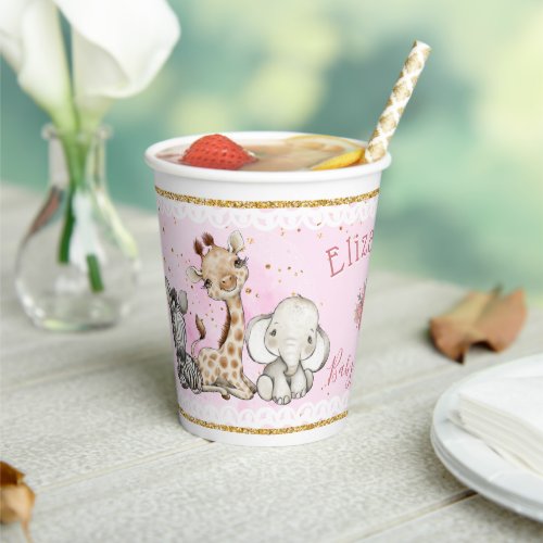 Cute Pink Safari Animals Baby Shower Paper Cups