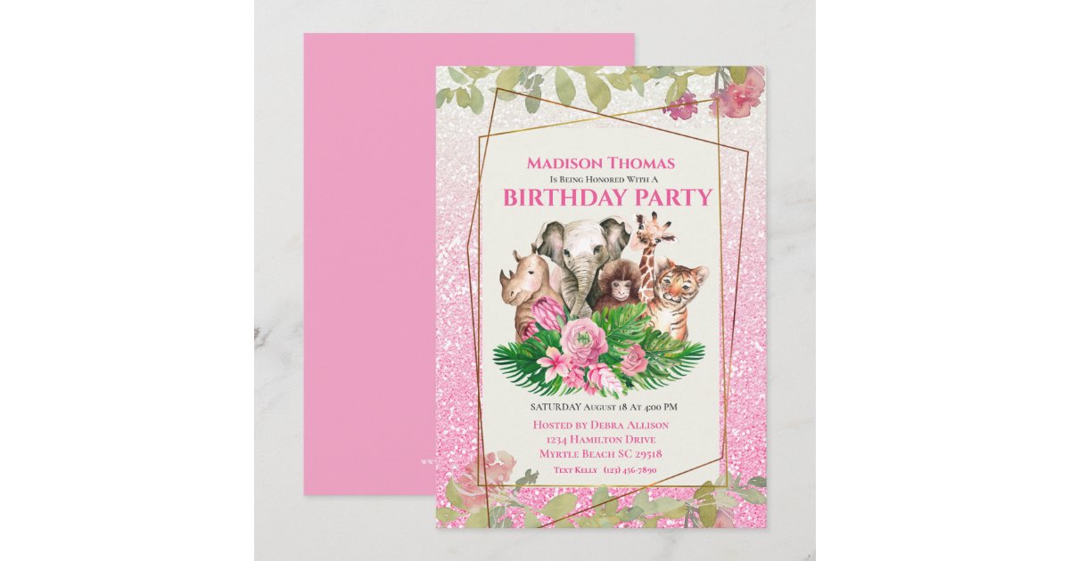 Cute Pink Safari Jungle Animals Birthday Party Invitation | Zazzle