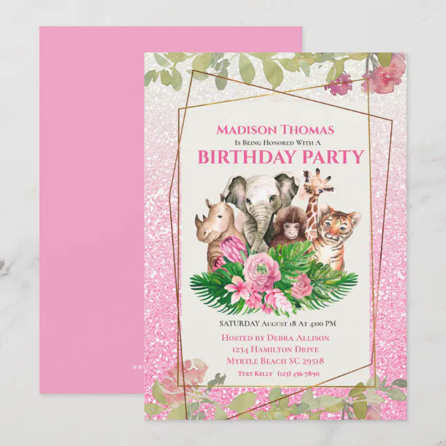 Cute Pink Safari Jungle Animals Birthday Party Invitation | Zazzle