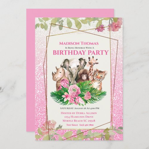 Cute Pink Safari Jungle Animals Birthday Party   Invitation