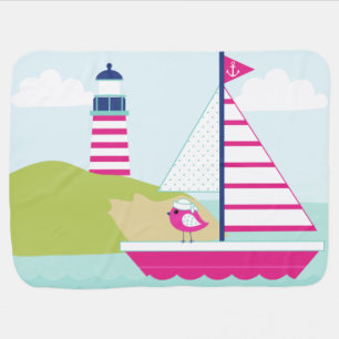 Cute Pink Sail Boat and Lighthouse Baby Blanket