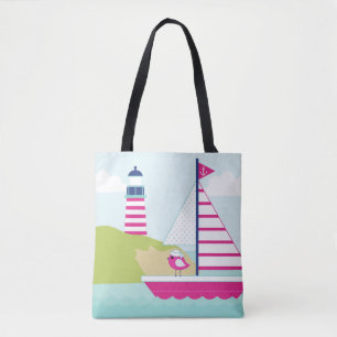 Cute Pink Sail Boat and Lighthouse Tote Bag