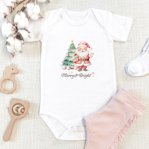 Cute Pink Santa and Christmas Tree Baby Bodysuit