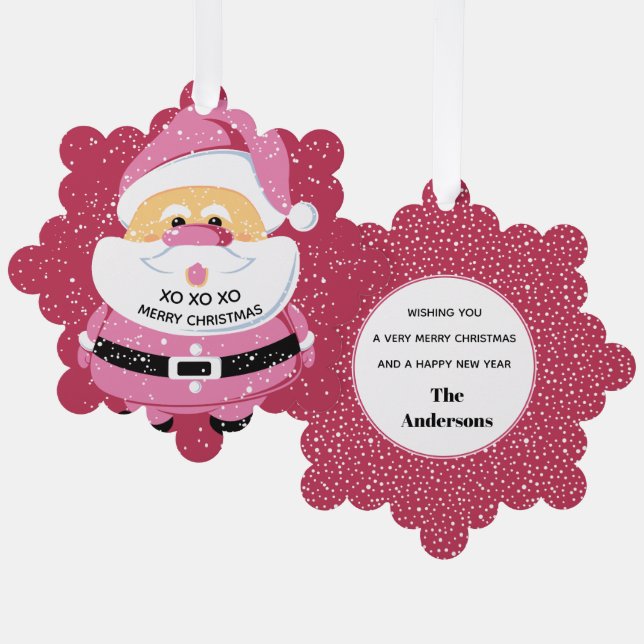 Cute pink Santa Claus Christmas custom holiday Ornament Card (Front/Back)