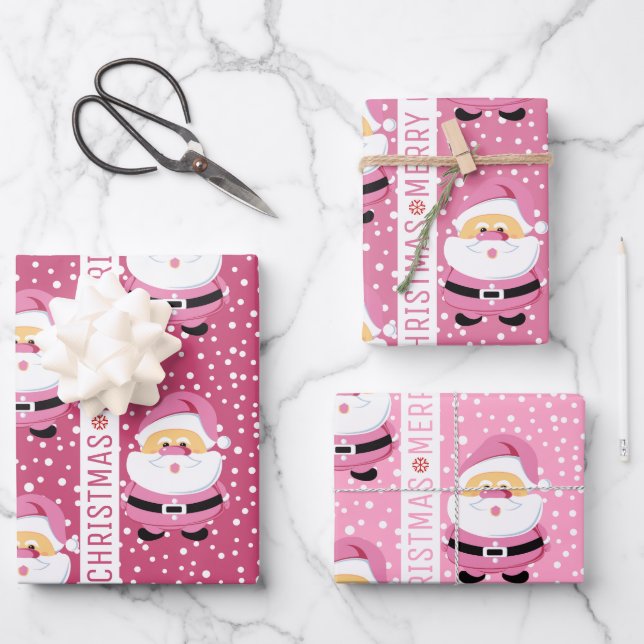 Cute Pink Santa Claus Merry Christmas holiday Wrapping Paper Sheets (Front)