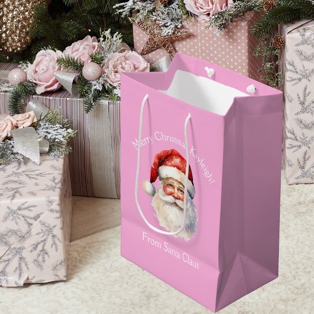 Cute Pink Santa Claus Personalized Girls Christmas Medium Gift Bag (Creator Uploaded)