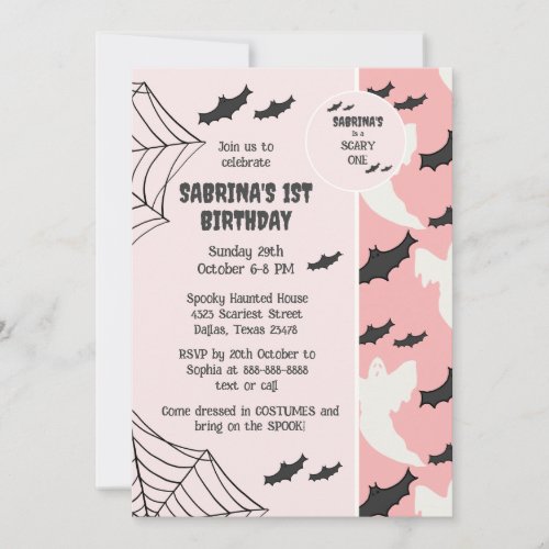 Cute Pink Scary one Halloween Birthday Invitation