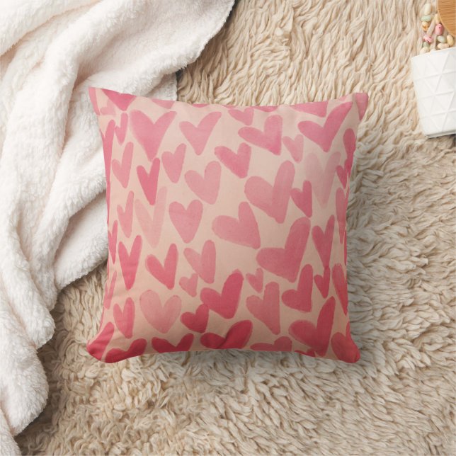Cute Pink Scattered Hearts Throw Pillow (Blanket)