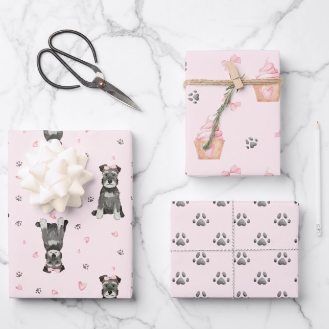Cute Pink Schnauzer Wrapping Paper Sheets (Front)