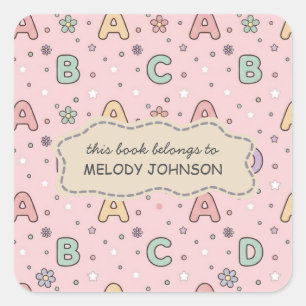Cute Pink School Letters Pattern Name Bookplate