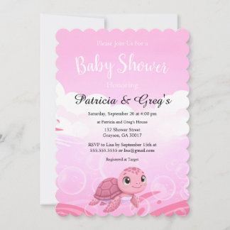 Cute Pink Sea Turtle Girl Baby Shower Invitation