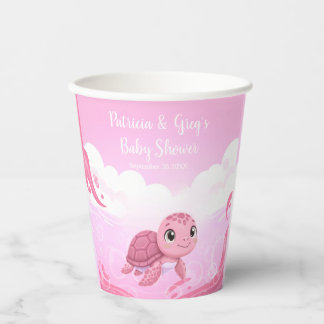 Cute Pink Sea Turtle Girl Baby Shower Paper Cups