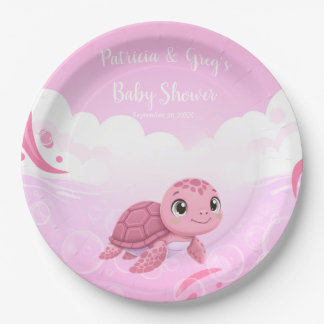 Cute Pink Sea Turtle Girl Baby Shower Paper Plates