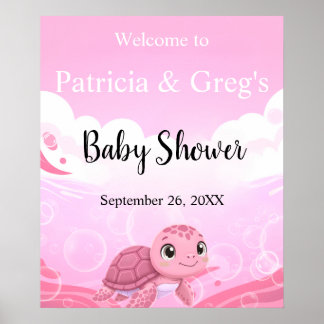 Cute Pink Sea Turtle Girl Baby Shower Welcome Poster