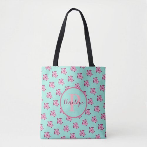 Cute Pink Sea Turtle Pattern with Name Monogram Tote Bag