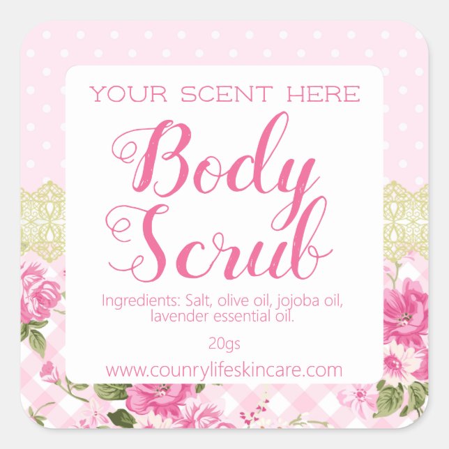 Cute Pink Shabby Chic Rose Body Scrub Labels (Front)