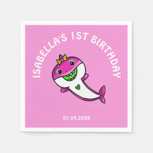 Cute Pink Shark Baby Girl 1st Birthday Napkins