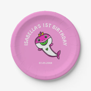 Cute Pink Shark Baby Girl 1st Birthday Paper Plates