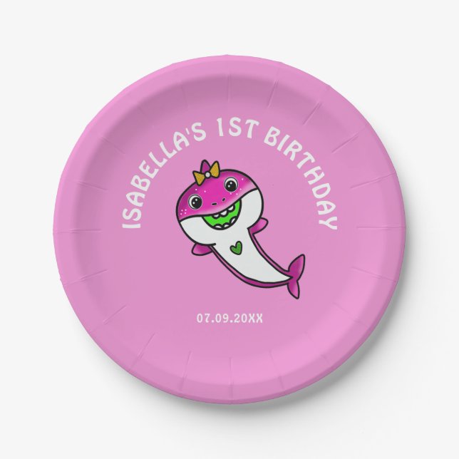 Cute Pink  Shark Baby Girl 1st Birthday   Paper Plates (Front)