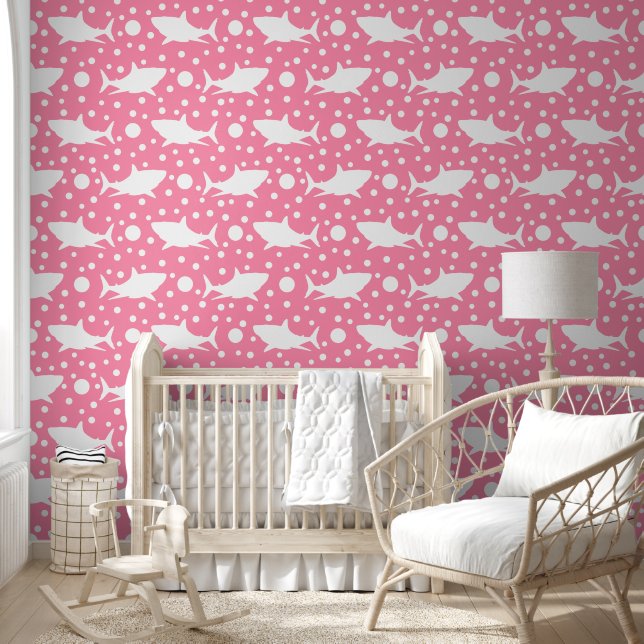 Cute Pink Shark Pattern Kids Nursery Room  Wallpaper (Kids)