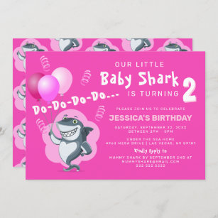 Cute Pink Shark   Pink Balloons Birthday Invitation